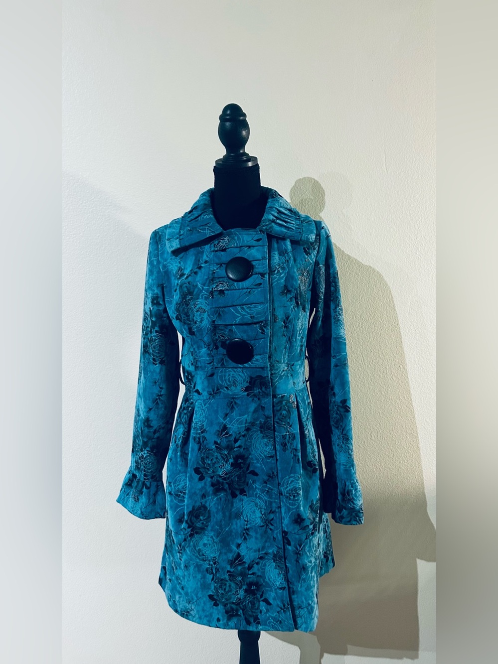 Pura Vida Teal Floral Velvet Trench Coat